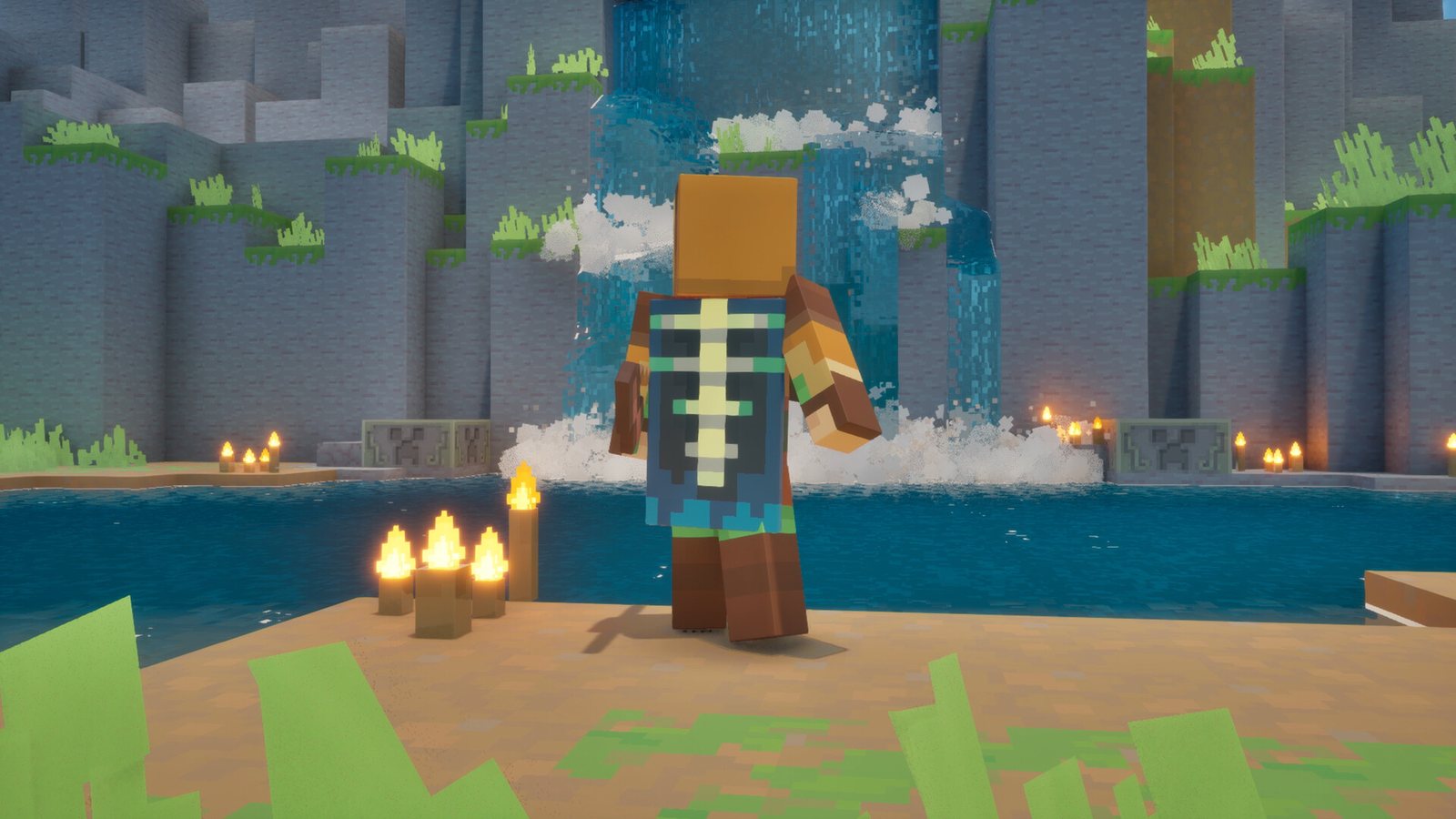 A hero seen from behind wears a cape with a bone motif before a waterfall bay