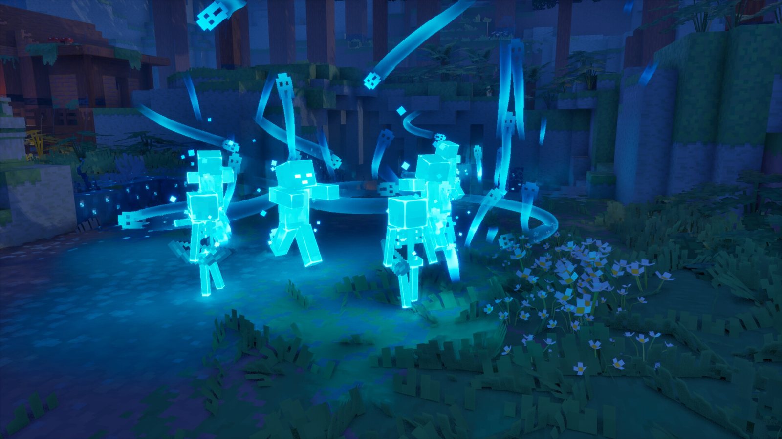 Soul-infused mobs glowing cyan in a garden area at night