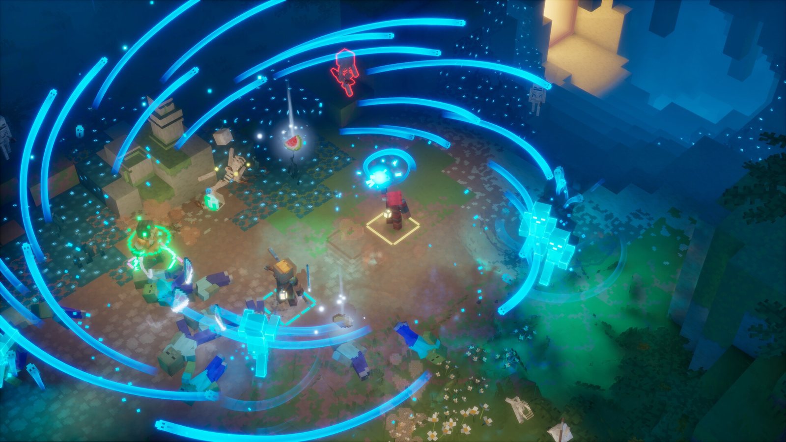 A top-down battle where a hero channels arcs of cyan soul energy against mobs