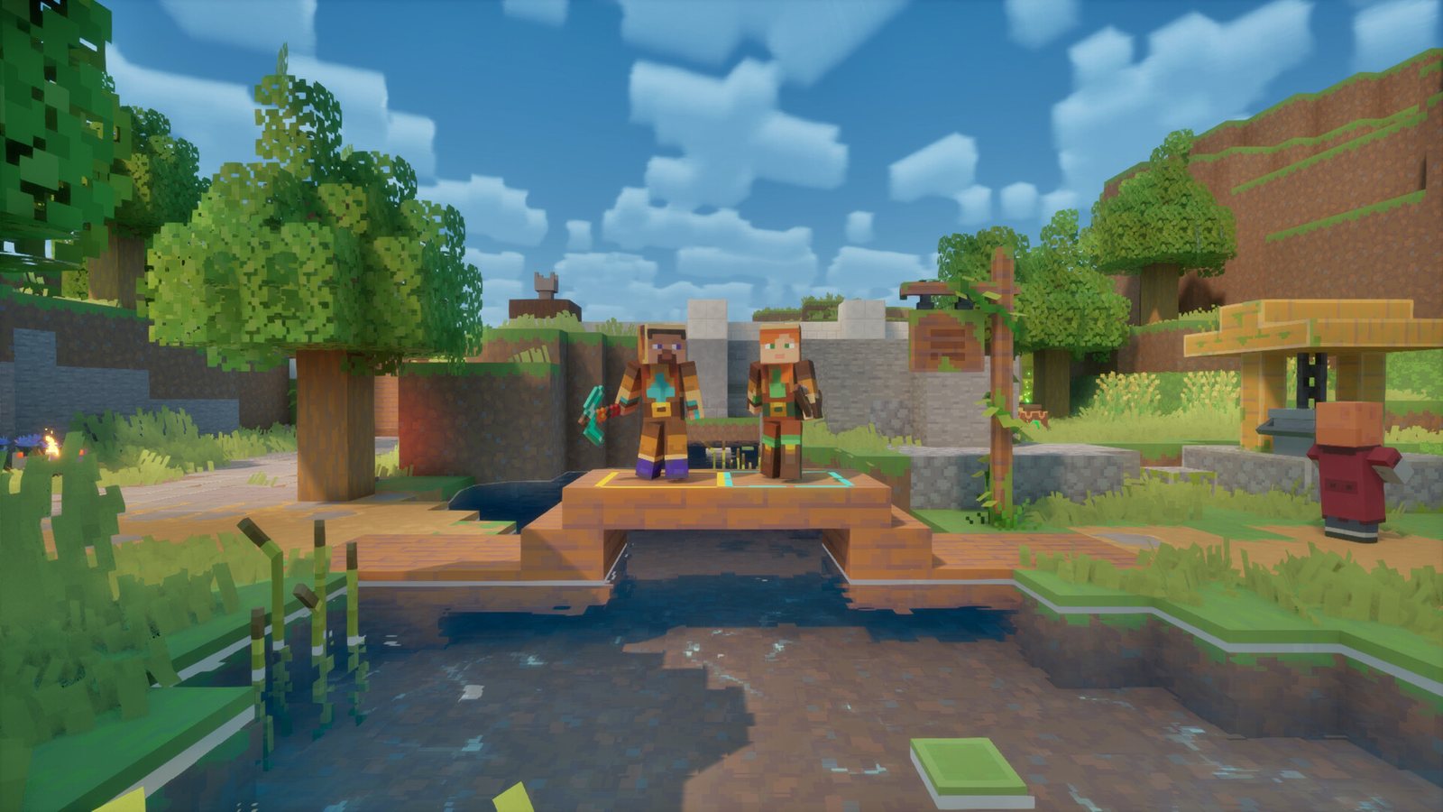 A hero and a villager stand on a bridge in a bright Overworld village in Minecraft Dungeons II